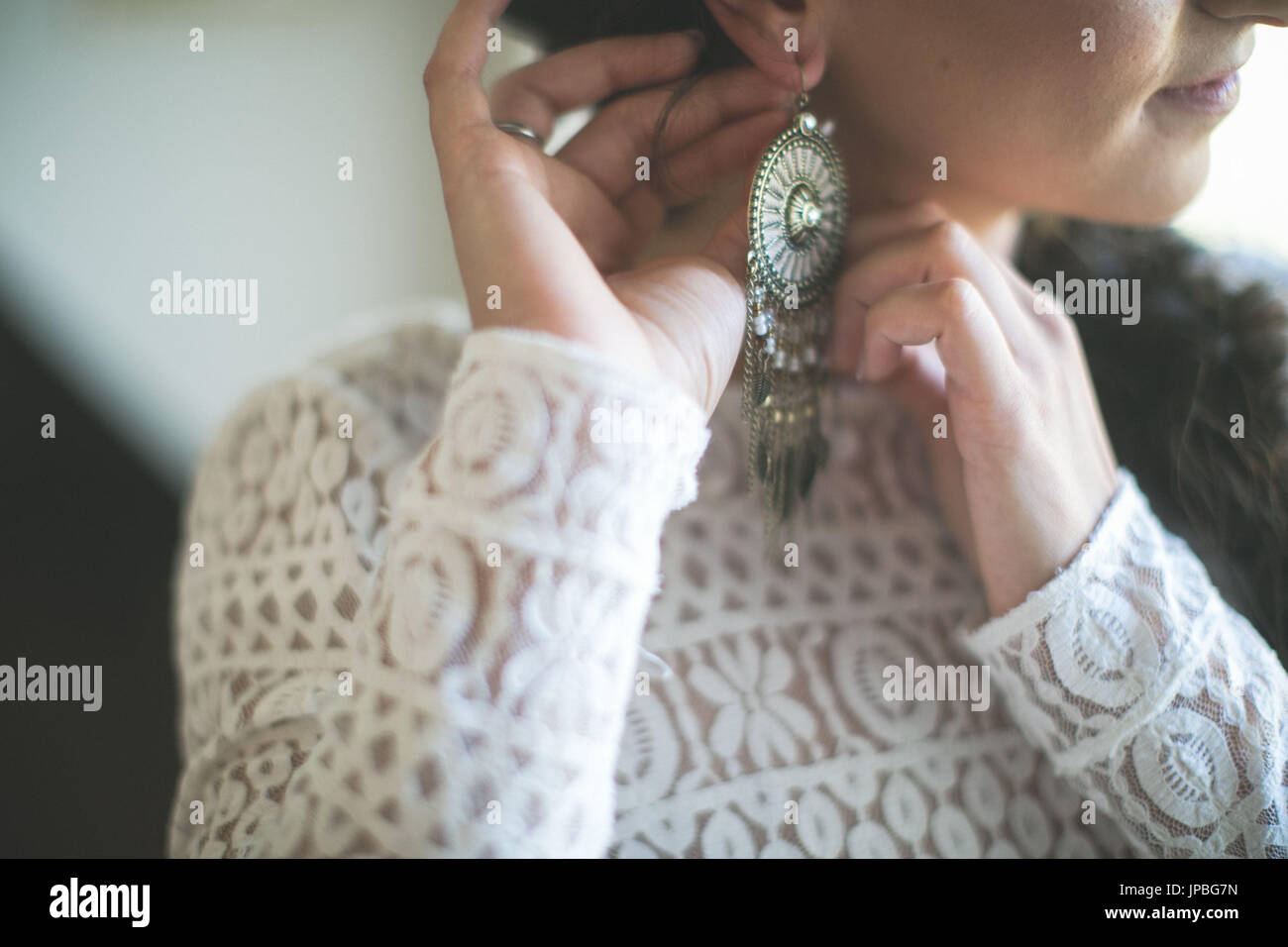 Young bride with Indian jewellery before wedding, close up Stock Photo