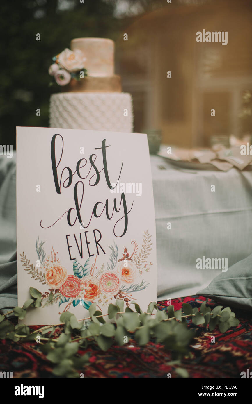 Congratulation sign and wedding cake at alternative wedding celebration