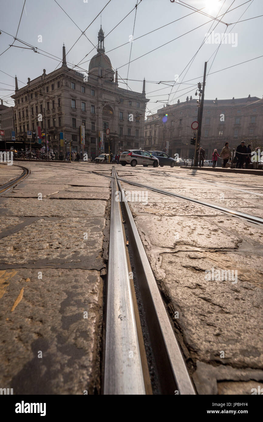 The rails of the old tram in the streets of the historical city center Milan Lombardy Italy Europe Stock Photo