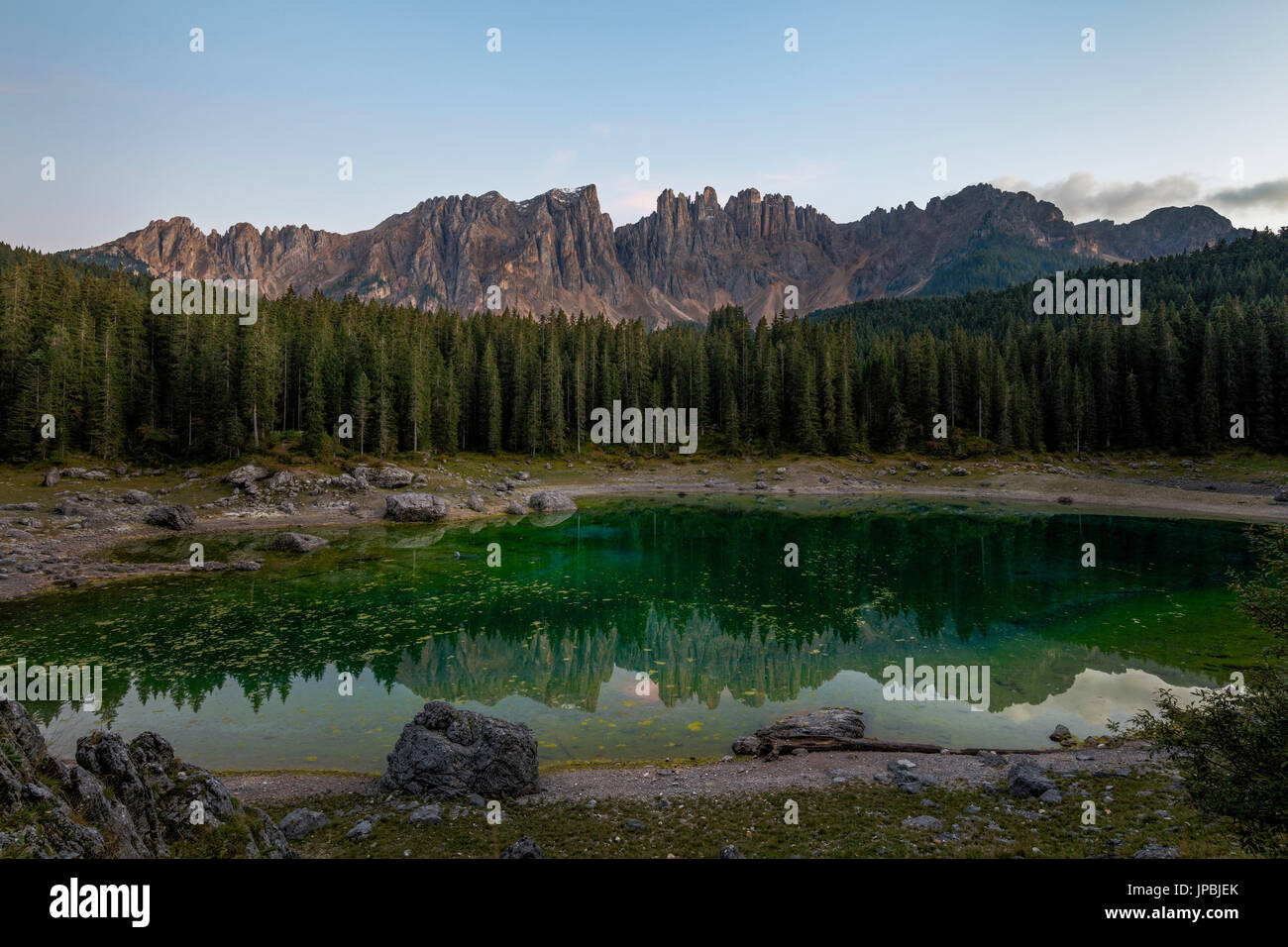 Latemar mountain range and woods are reflected in Lake Carezza at dusk Ega Valley Province of Bolzano South Tyrol Italy Europe Stock Photo