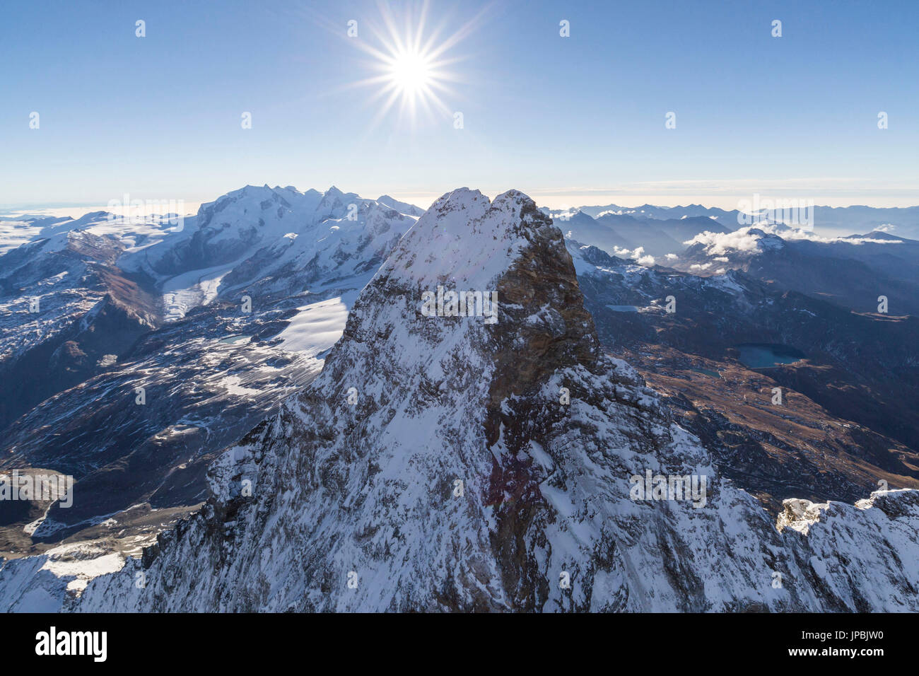 Aerial view of the snowy peak of Matterhorn in autumn Zermatt canton of Valais Switzerland Europe Stock Photo