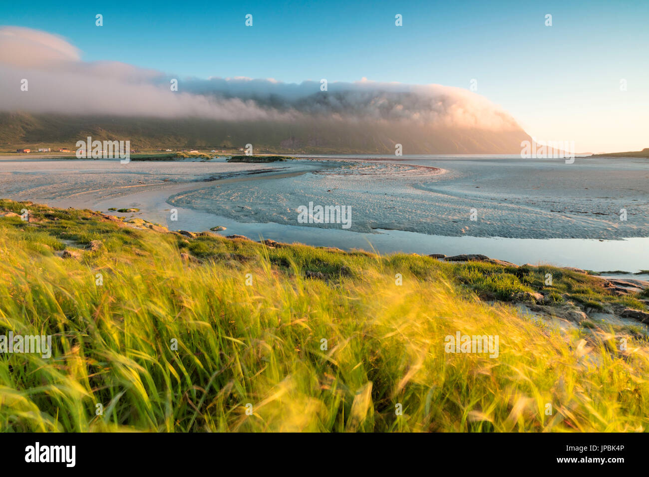 Green grass and sea framed by the midnight sun Fredvang Moskenesøya Nordland county Lofoten Islands Norway Europe Stock Photo
