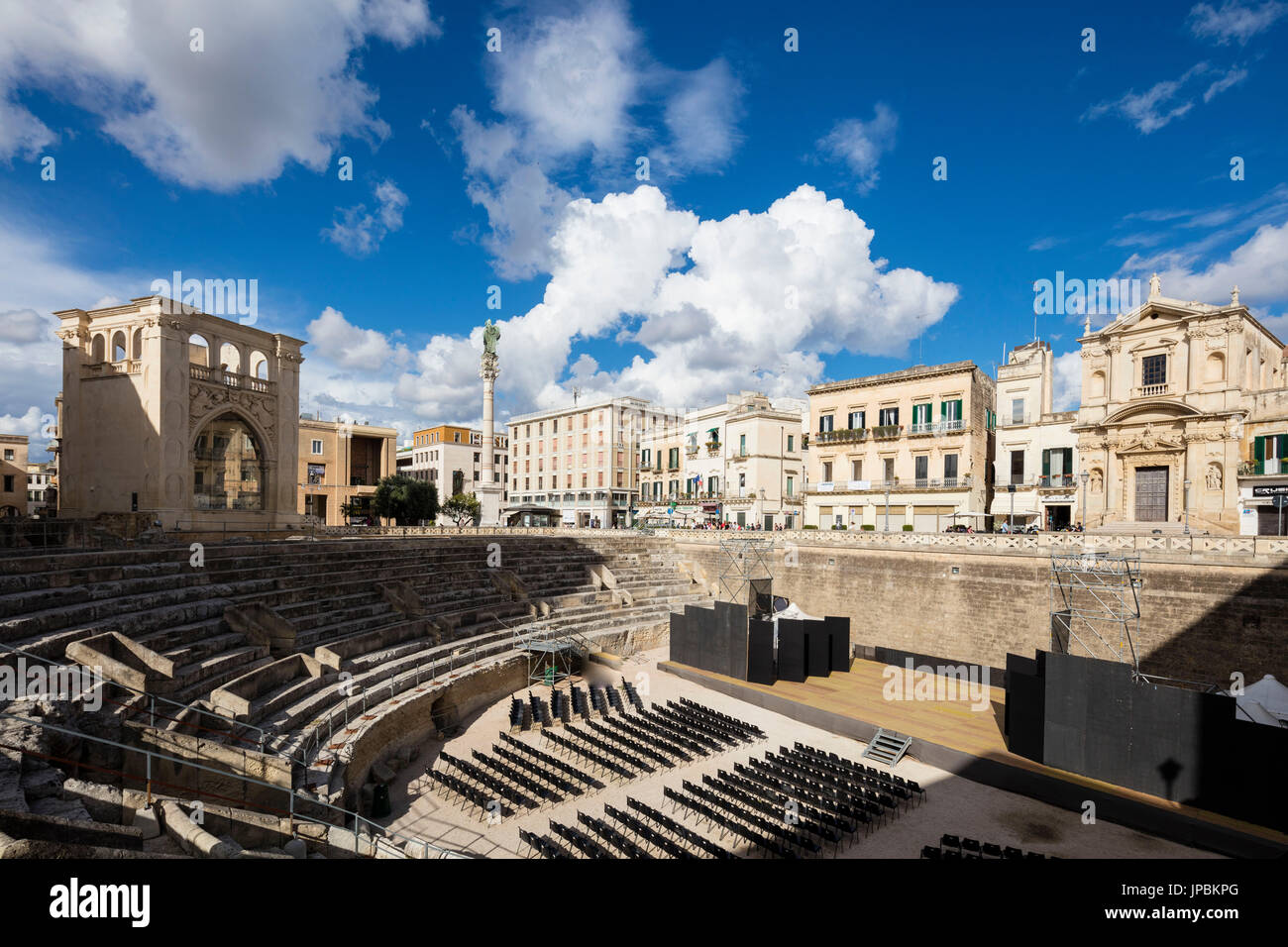 The Roman Amphitheatre and ancient ruins in the old town Lecce Apulia Italy Europe Stock Photo