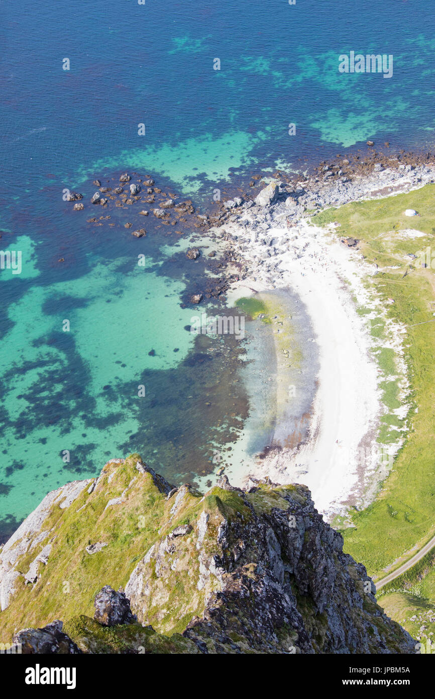 Top view of the sandy beach facing the turquoise sea Vaeroy Island