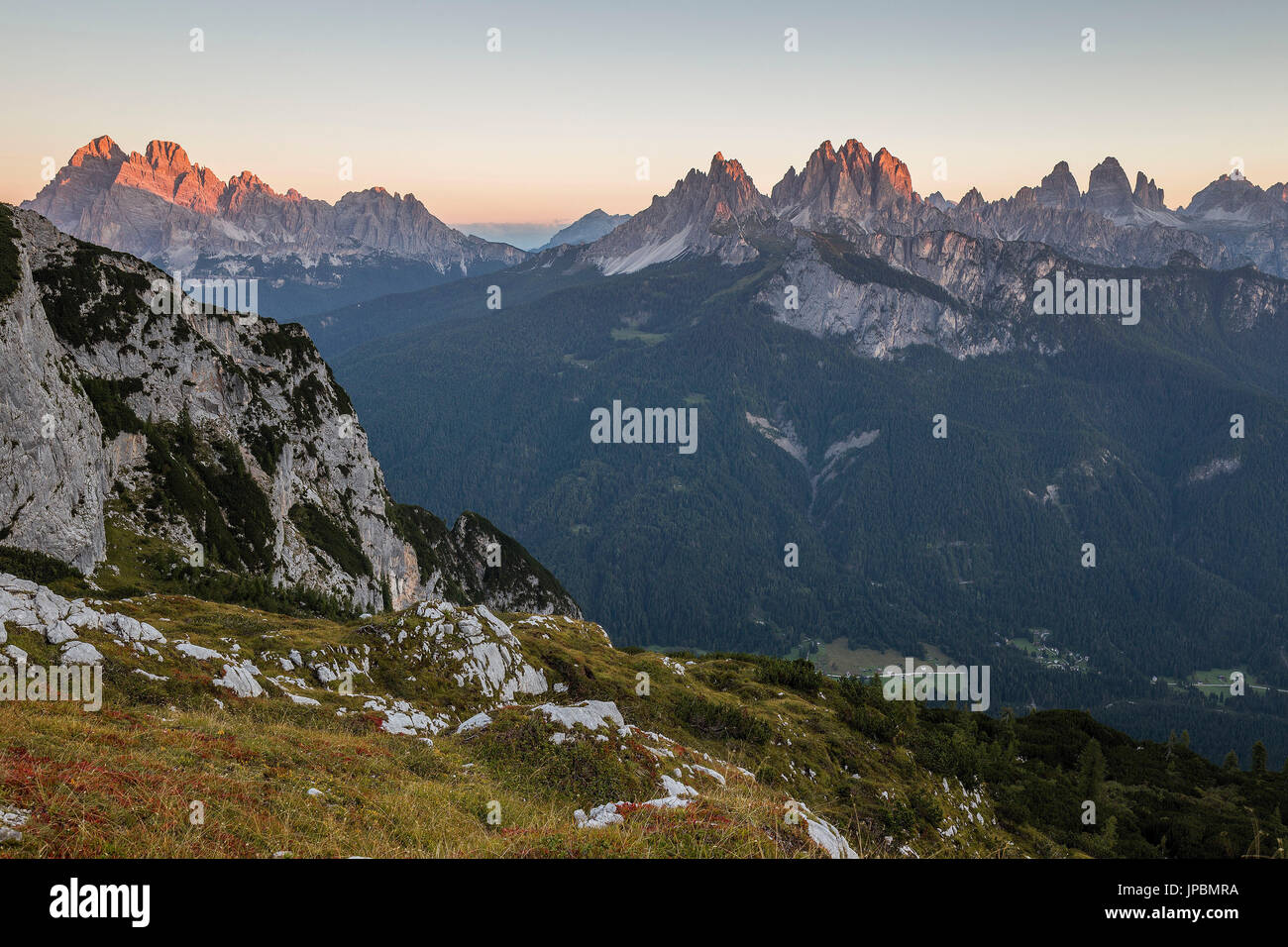 Mount Cristallo and group of Cadini di Misurina at dawn,Ansiei Valley,Auronzo di Cadore,Belluno district,Veneto,Italy,Europe Stock Photo