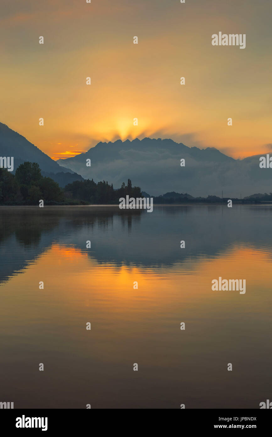 Sunrise on lake Pusiano from Eupilio, Como and Lecco province, Brianza, Lombardy, Italy, Europe Stock Photo