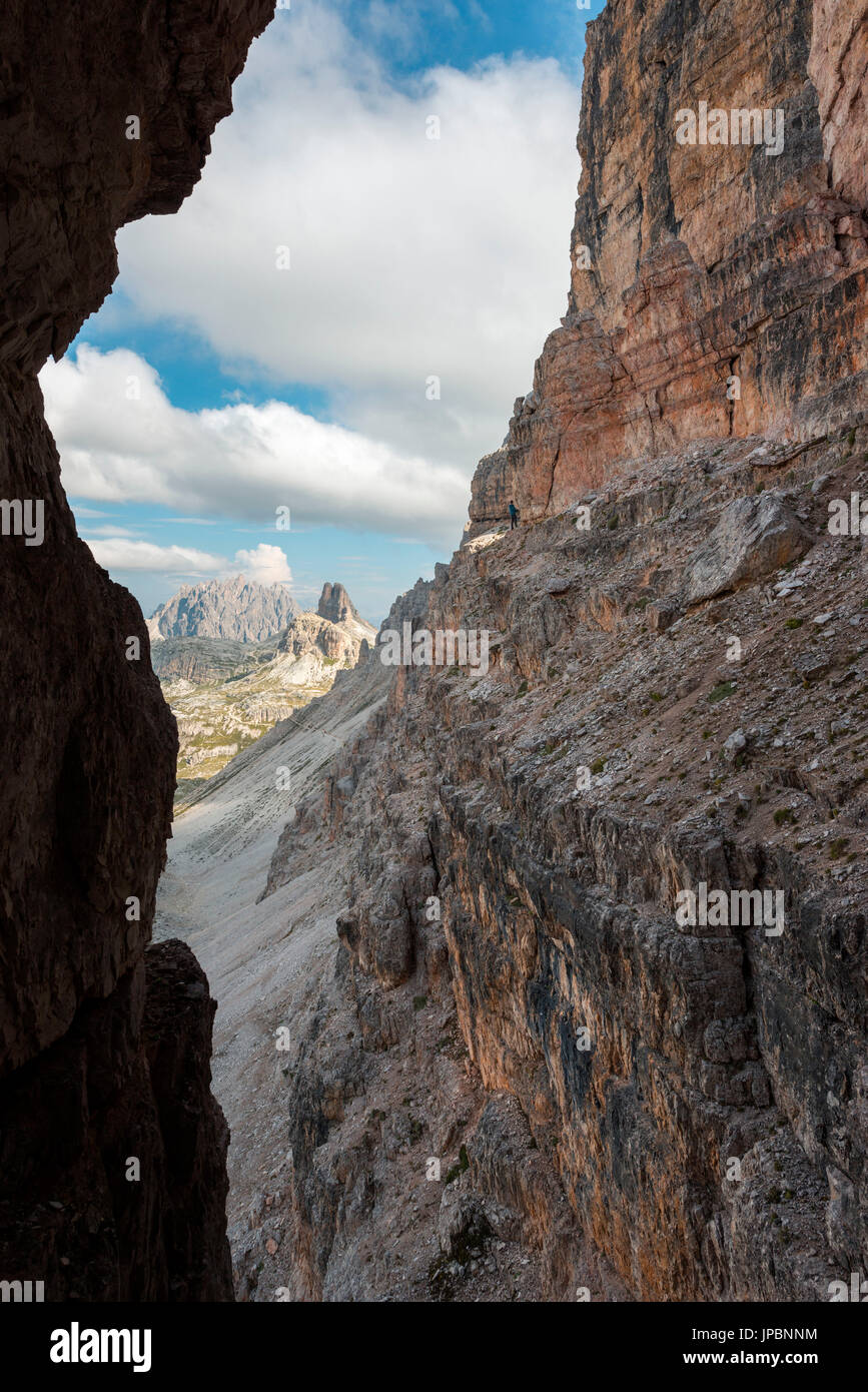 Europe, Italy, Dolomites, Veneto, Belluno. Hiker venturing to  the Trenches of the First World War on Mount Paterno Stock Photo