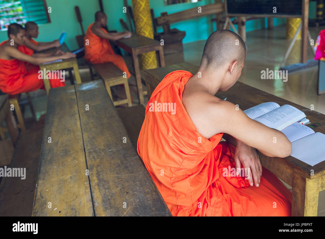 Tra Vinh, Mekong Delta, Southern Vietnam. Khmer Krom monks at school. Stock Photo