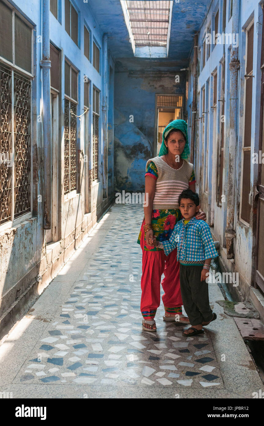 Vrindavan, Uttar Pradesh, India, Asia. Woman and young child. Stock Photo