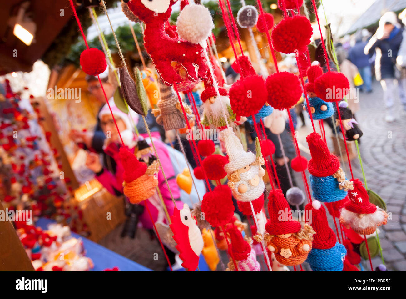 a close up image of the typical Christmas gadgets we can buy during the Christmas market in the city of Brixen, Bolzano province, South Tyrol, Trentino Alto Adige, Italy, Europe, outdoor, Stock Photo