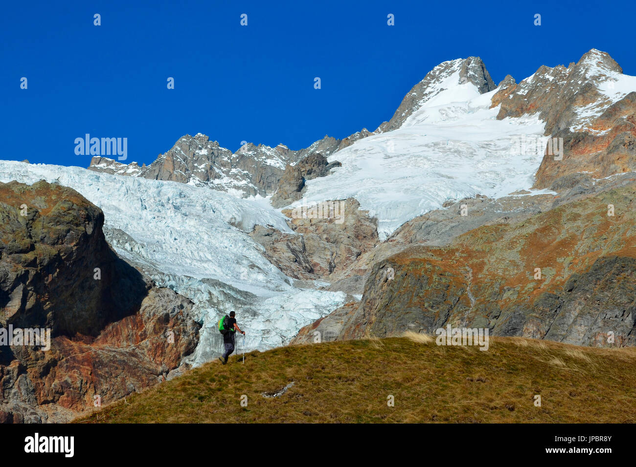 Trekker in Ferret Valley (Val Ferret) with Mont Dolent and Pré de Bar glacier on background, Ferret Valley, Aosta Valley,Italy, Stock Photo