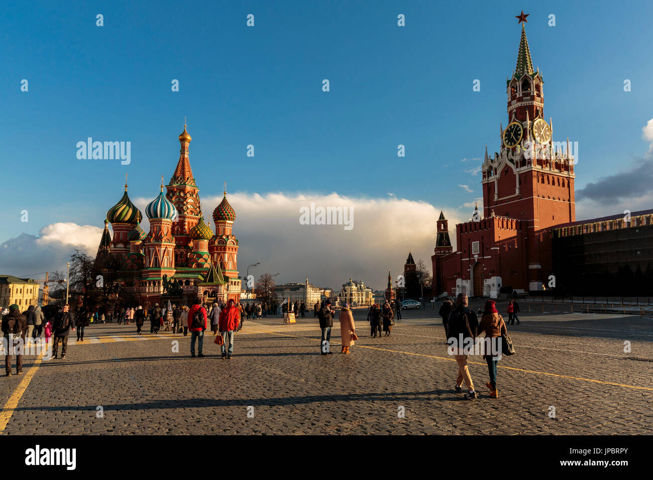 Russia, Moscow, Red Square, Kremlin, St. Basil's Cathedral and Kremlin Spasskaya Tower Stock Photo