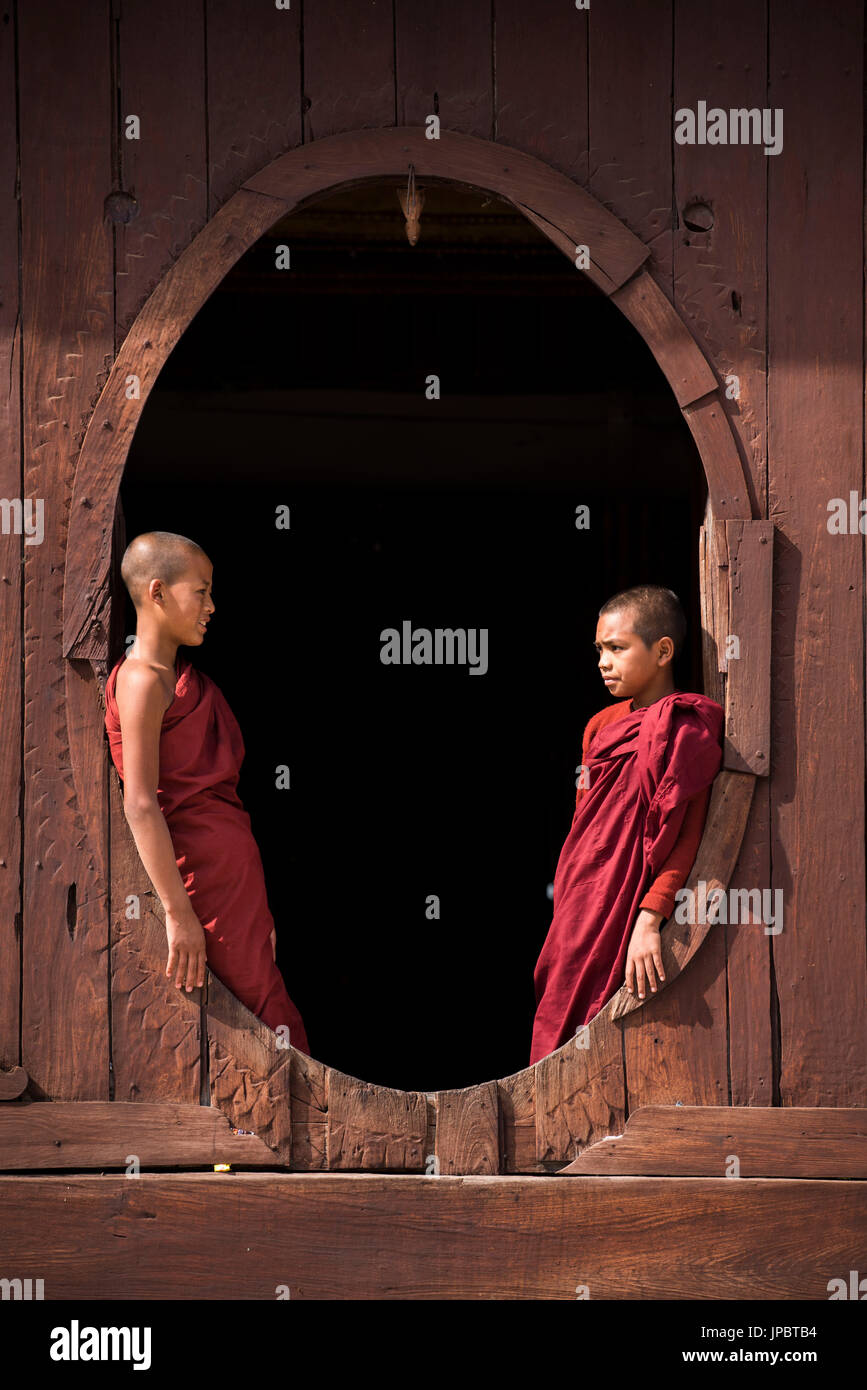 Nyaungshwe, Inle lake, Shan State, Myanmar.  Novice monks at the Shwe Yaunghwe Kyaung by the windows of the teak ordination hall Stock Photo