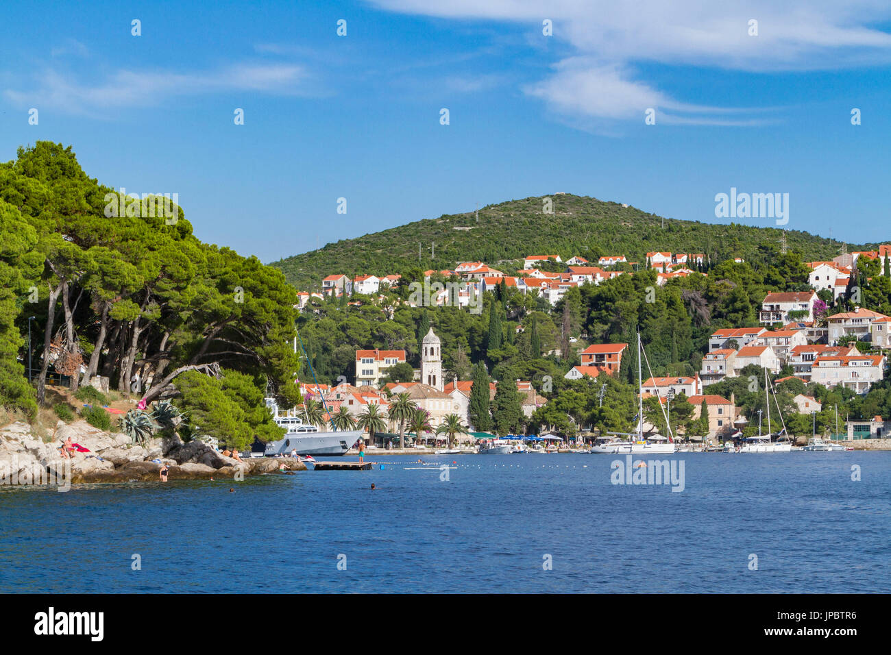 Cavtat village and harbor, view from the sea (Konavle, Dubrovnik, Dubrovnik-Neretva county, Dalmatia region, Croatia, Europe) Stock Photo
