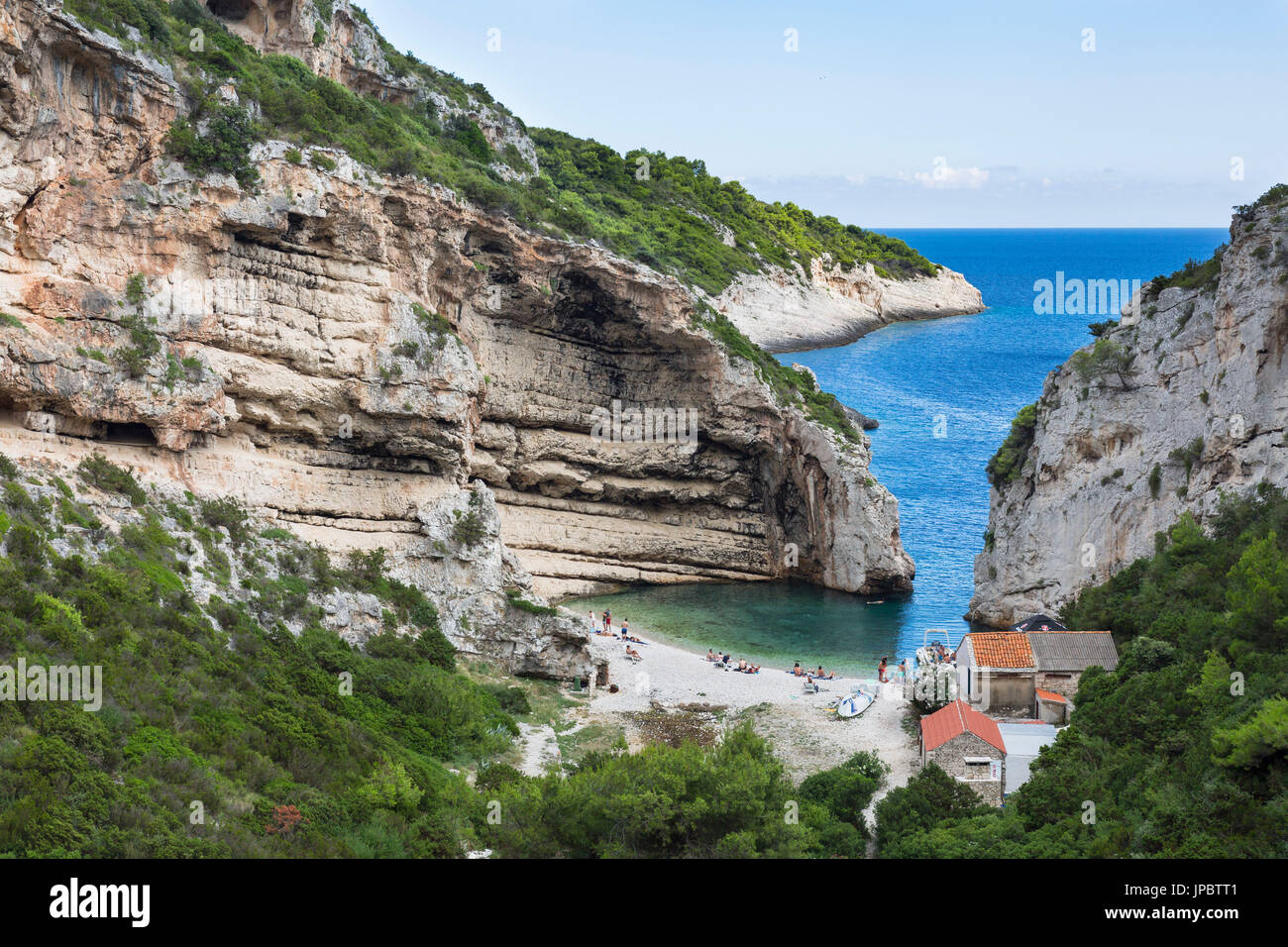 Top view of Stiniva Beach (Vis, Vis Island, Split-Dalmatia county, Dalmatia region, Croatia, Europe) Stock Photo