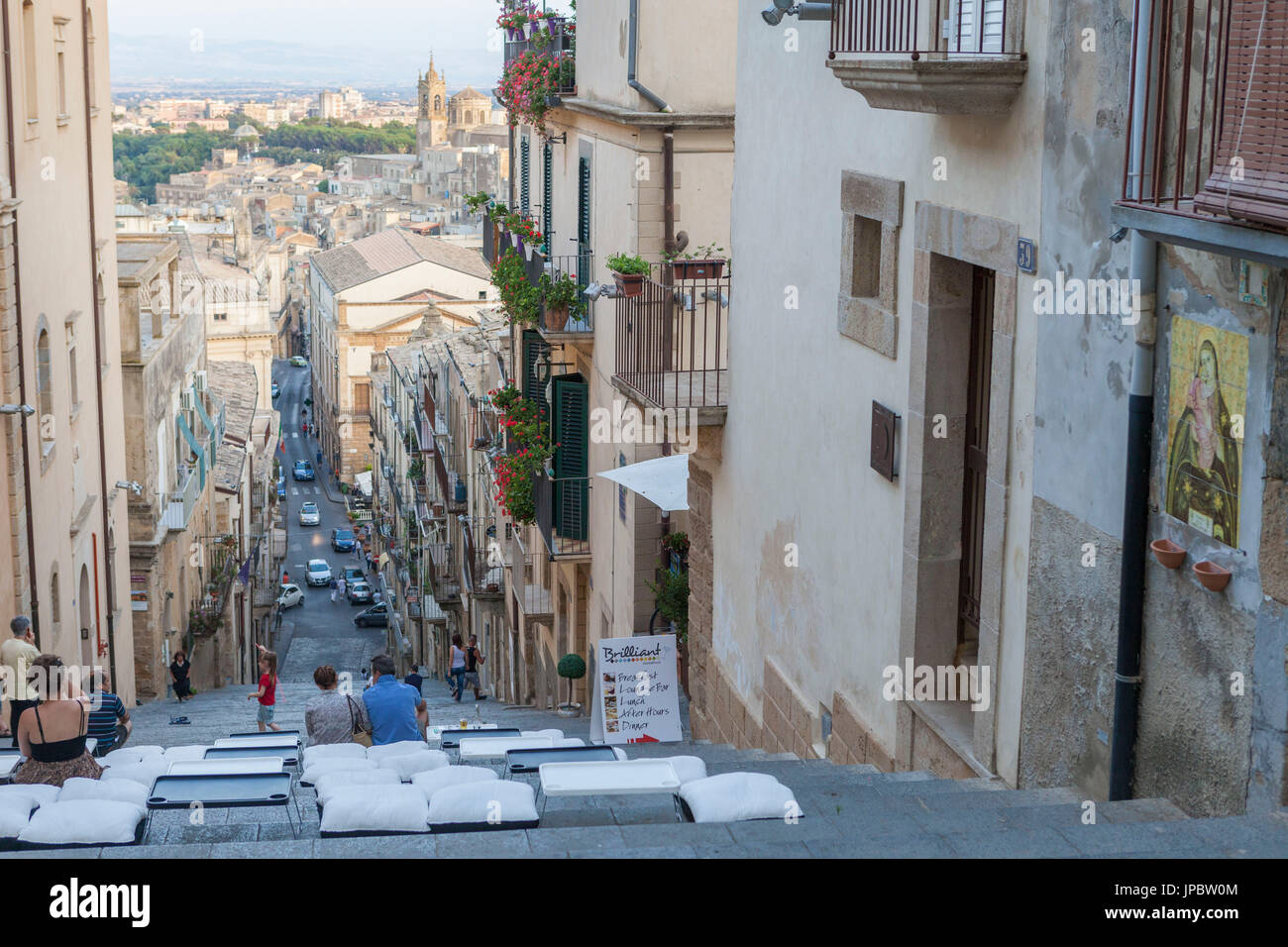 Tourists on flight of steps admire the old town and of Caltagirone province of Catania Sicily Italy Europe Stock Photo