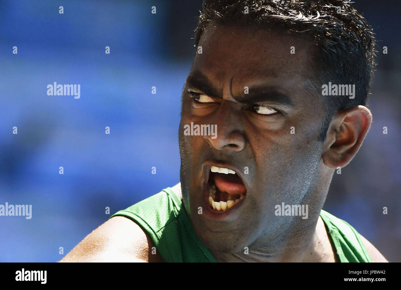 South African shot putter Tyrone Pillay pumps himself up at the Rio de