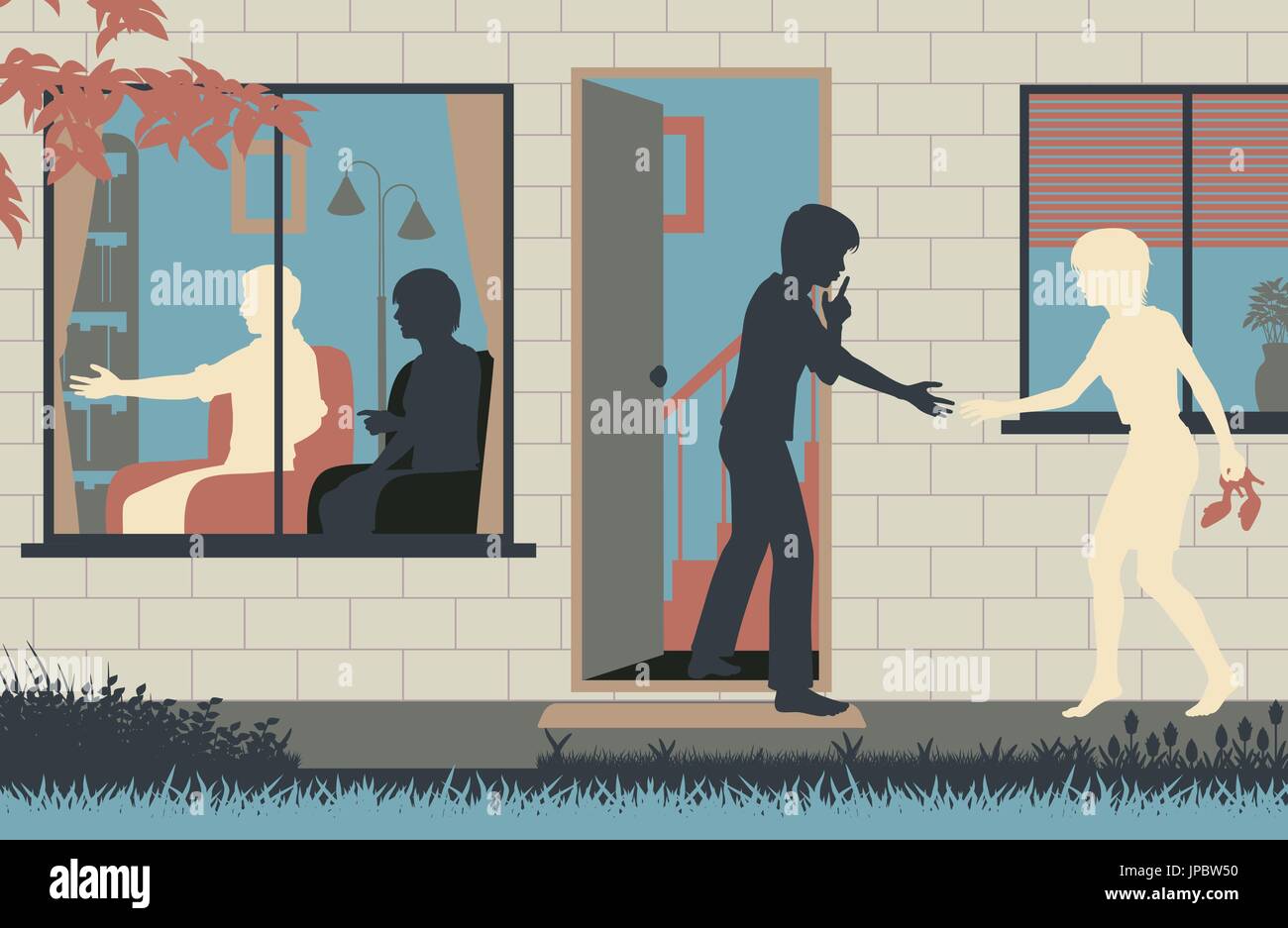Editable vector illustration of a teenage boy sneaking his girlfriend into his house while his parents are distracted Stock Vector