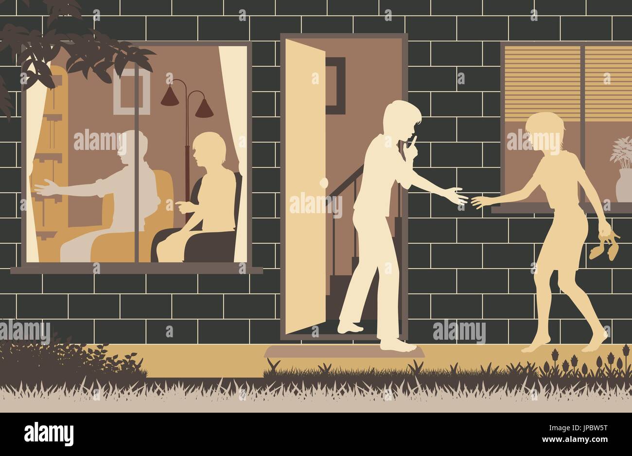 Editable vector illustration of a teenage boy sneaking his girlfriend into his house while his parents watch television Stock Vector