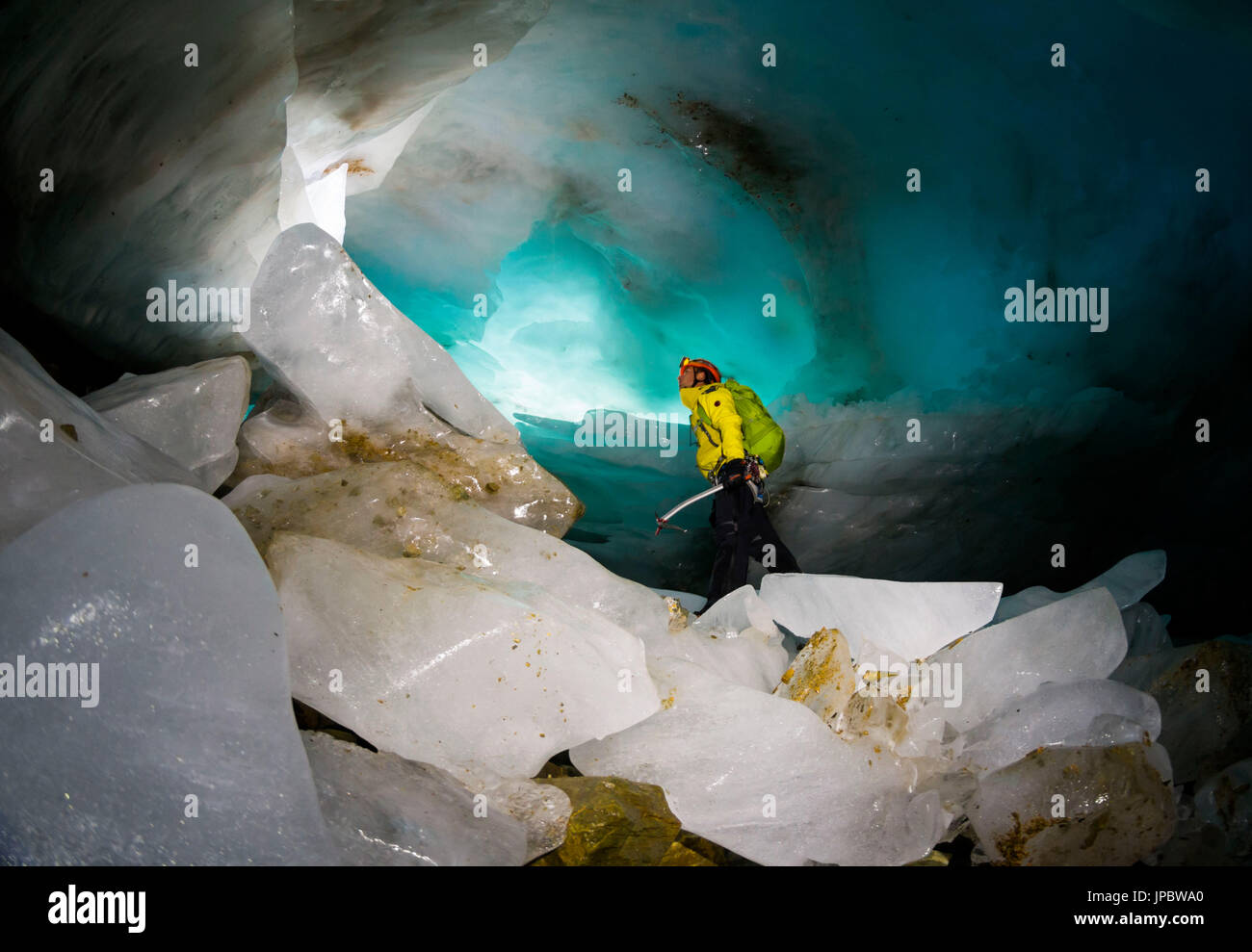 Ice cave, Paradisin glacier, Livigno Valley, Lombardy, Italy Stock Photo
