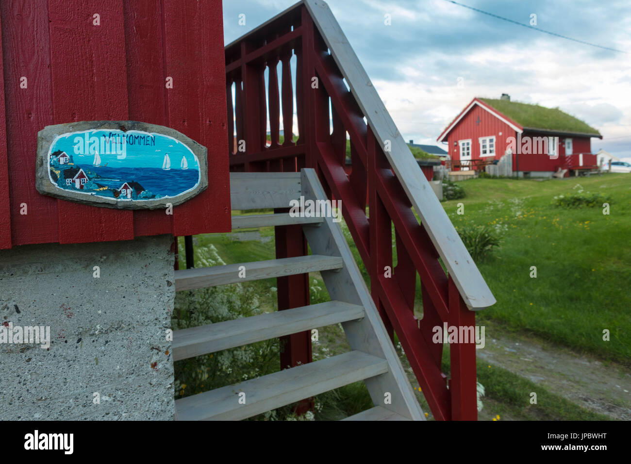 Details of typical wooden house of fisherman also known as Rorbu Eggum Vestvagøy Lofoten Islands Norway Europe Stock Photo