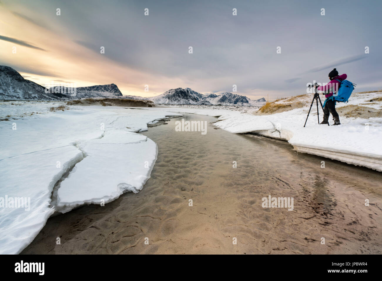 Hauckland Beach,Vestvagoy, Lofoten island,Norway Photographer records the sunrise in the beach Stock Photo