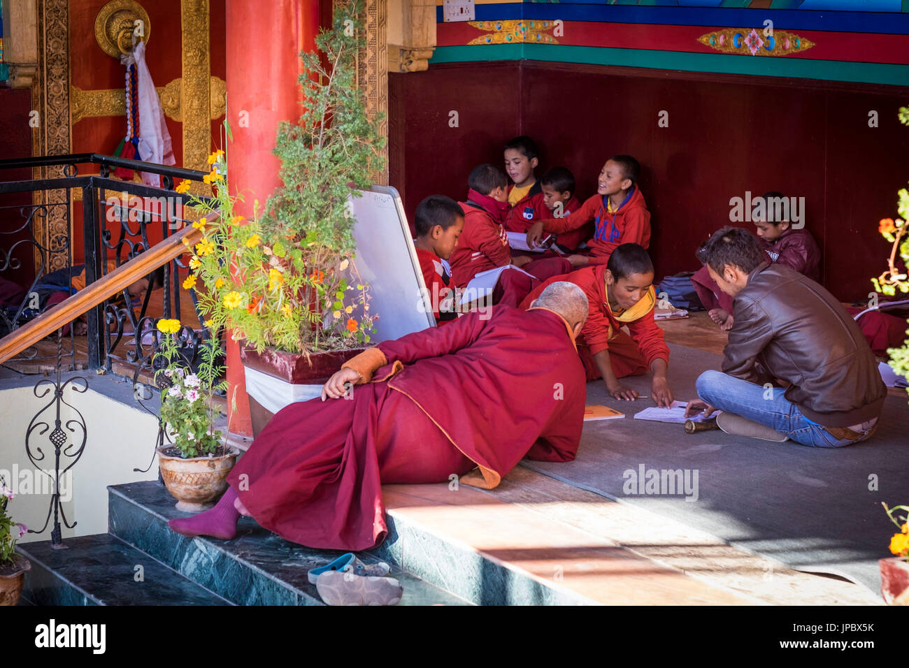 Matho Monastery, Indus Valley, Ladakh, India, Asia. Monks learning in the  monastery school. Stock Photo