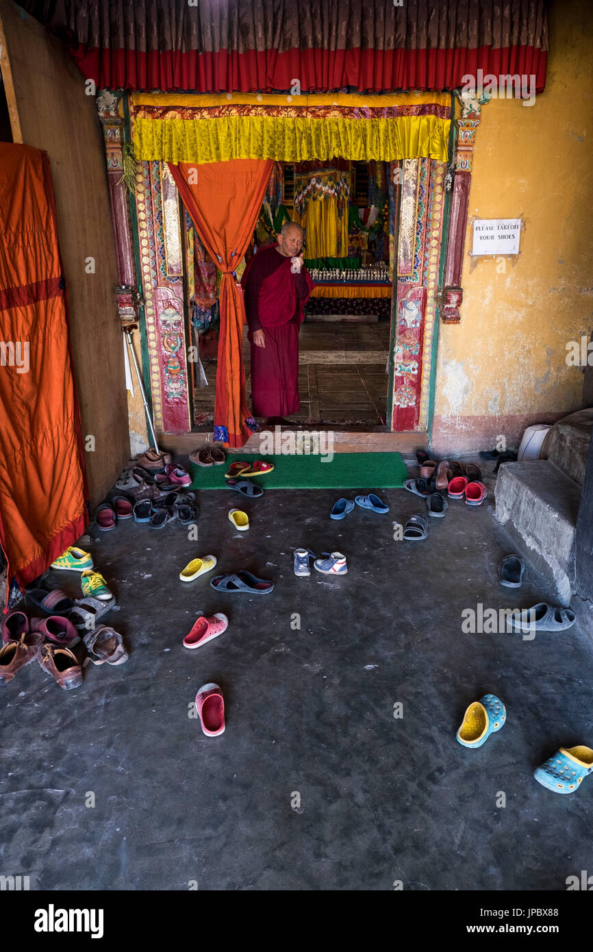 Diskit Monastery, Nubra Valley, Ladakh, North India, Asia. Temple entrance. Stock Photo