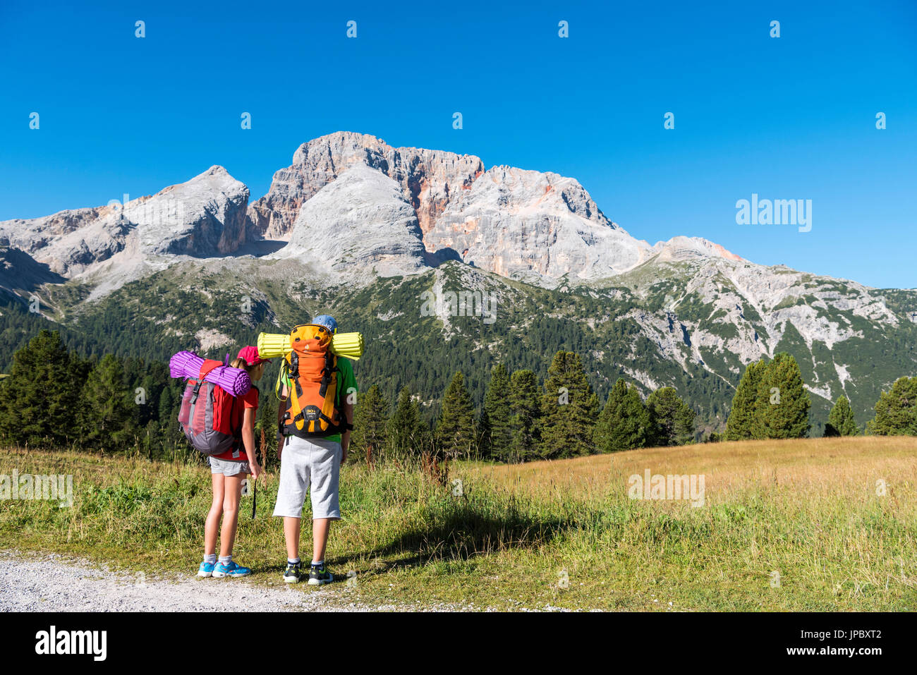 Prato Piazza/Plätzwiese, Dolomites, South Tyrol, Italy. Two children admire the mountains above the Prato Piazza/Plätzwiese. In the background the Croda Rossa/Hohe Gaisl Stock Photo