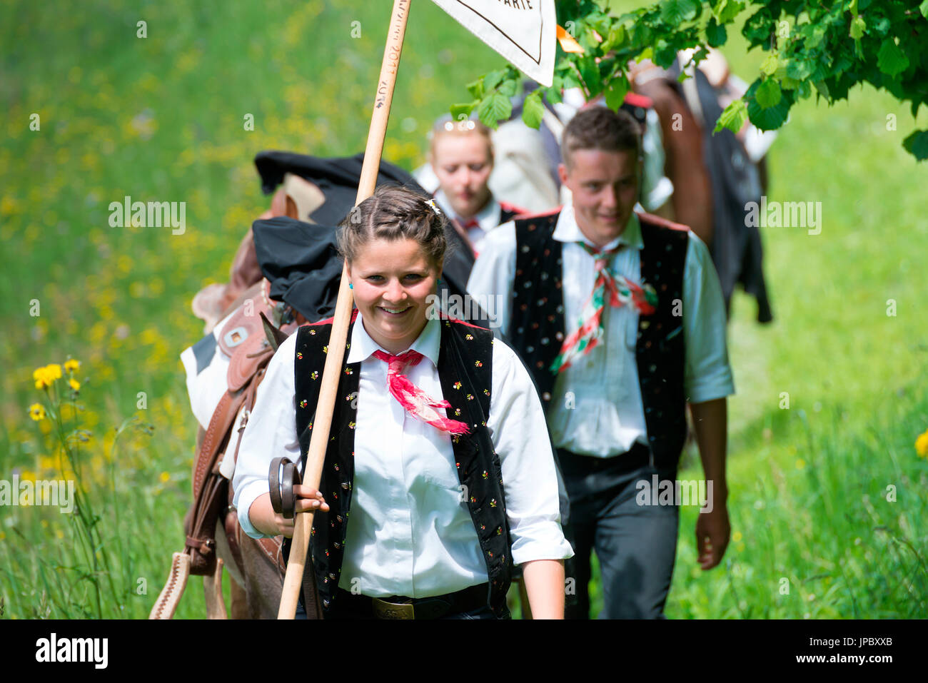 Fie, South Tyrol, Italy. The riders take the hike to the fourth and last tournament at Castle Presule Stock Photo