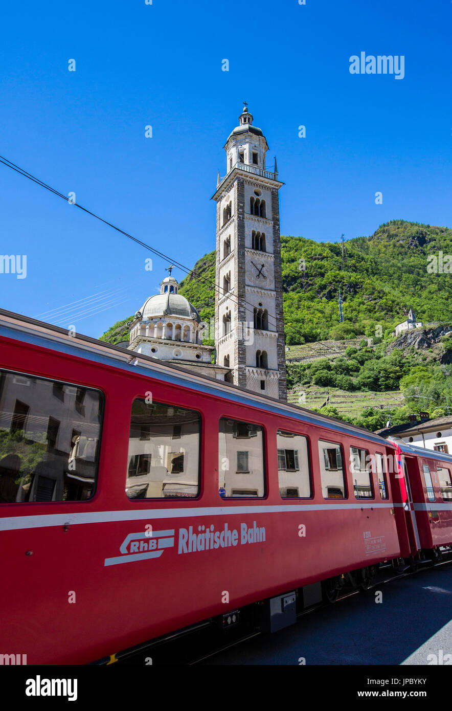 Rhaetian Railway Unesco World Heritage site in the historic center of Tirano main town of the average Valtellina. Lombardy. Italy. Europe Stock Photo