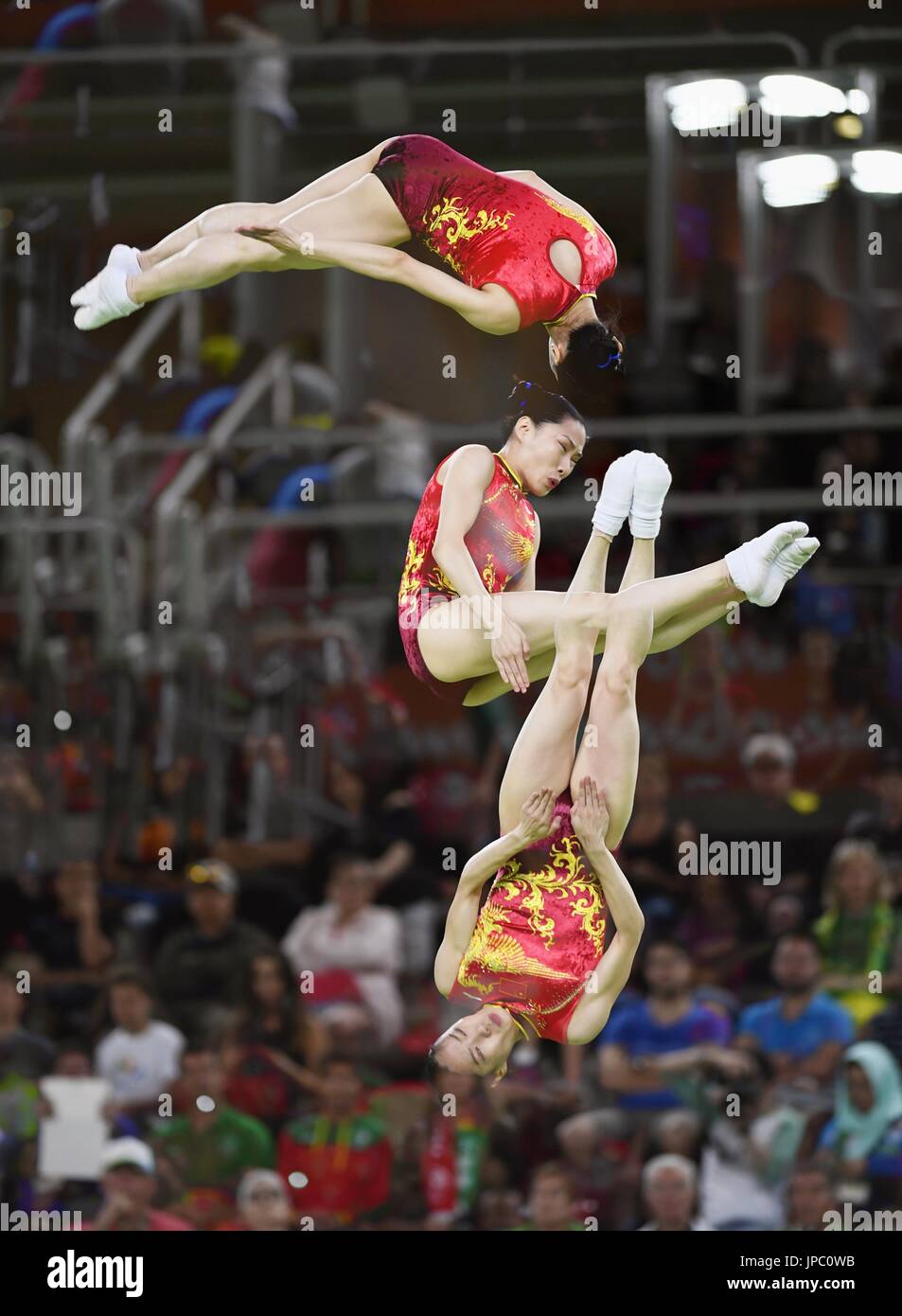 Multiple exposure photo shows a trampoline technique performed by a