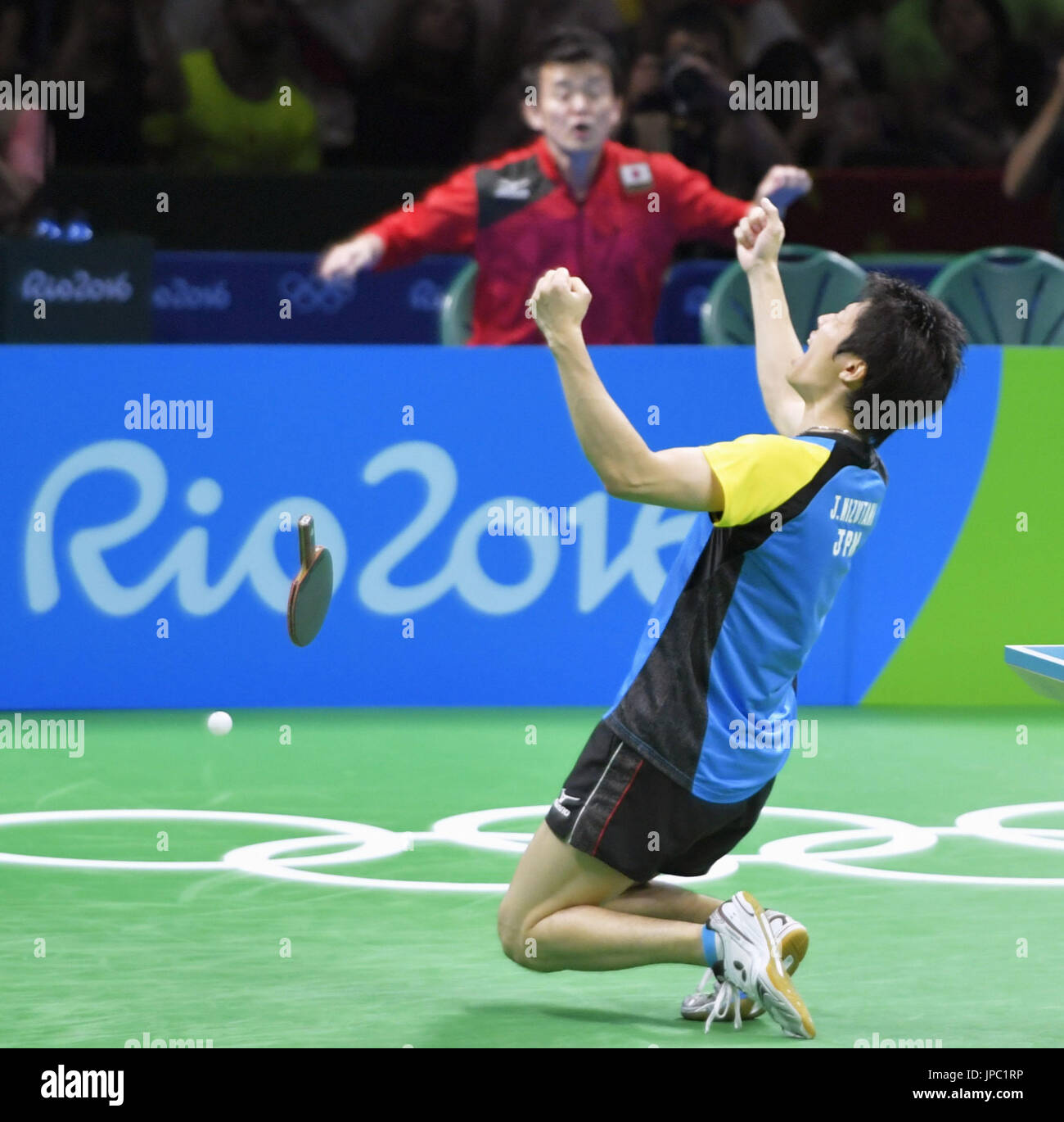 Japan's Jun Mizutani celebrates his win against China's Xu Xin during the men's table tennis team final at the Rio de Janeiro Olympics on Aug. 17, 2016. China beat Japan 3-1. (Kyodo) ==Kyodo Stock Photo