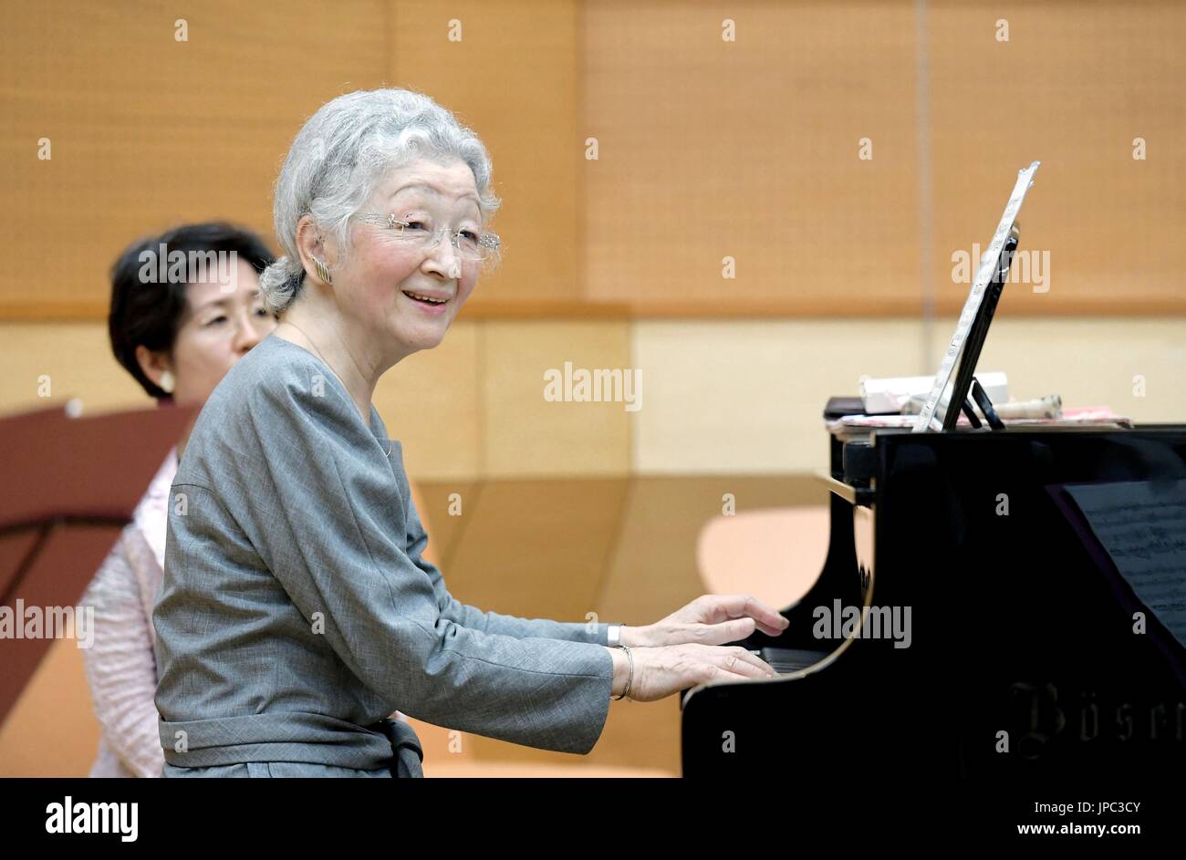 Japanese Empress Michiko plays the piano during a workshop with foreign  musicians at the Kusatsu International Summer Music Academy and Festival in  the hot spring town of Kusatsu, Gunma Prefecture, on Aug.