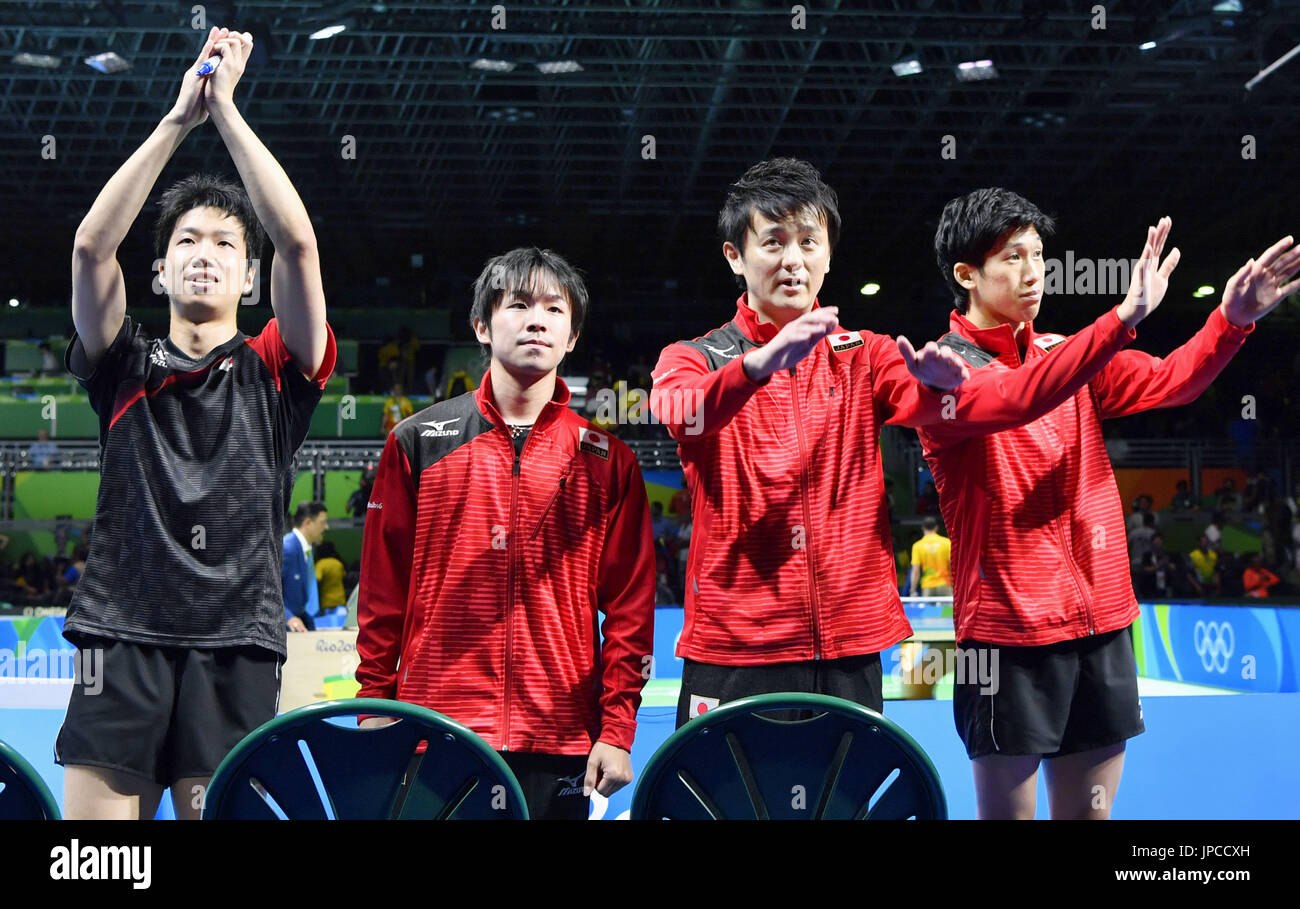 Japanese table tennis players Jun Mizutani (far L), Koki Niwa (2nd from