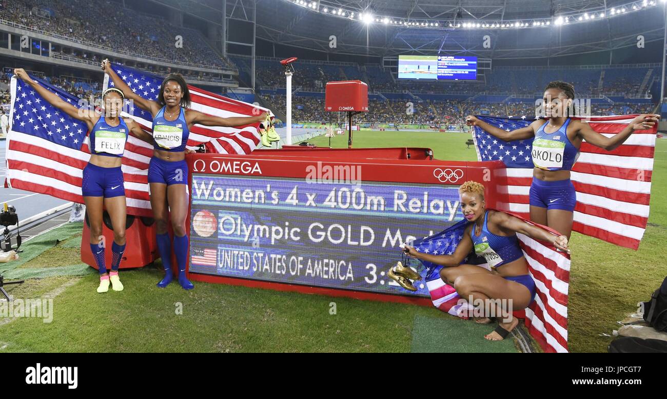 The United States women's 4x400meter relay team pose next to the