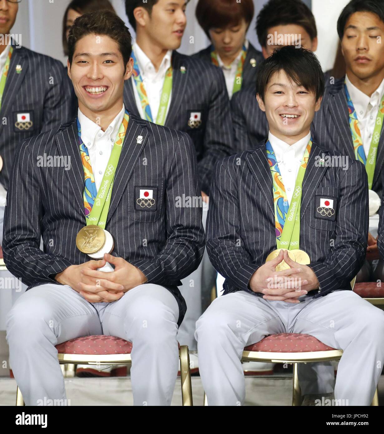 Rio Olympic gold medalists -- swimmer Kosuke Hagino (L) and gymnast Kohei Uchimura -- attend a press conference of Japanese medal winners in Tokyo on Aug. 24, 2016. The medalists expressed their appreciation to all those who cheered for them during the Rio Games and looked forward to more excitement at the 2020 Tokyo Olympics. (Kyodo) ==Kyodo Stock Photo