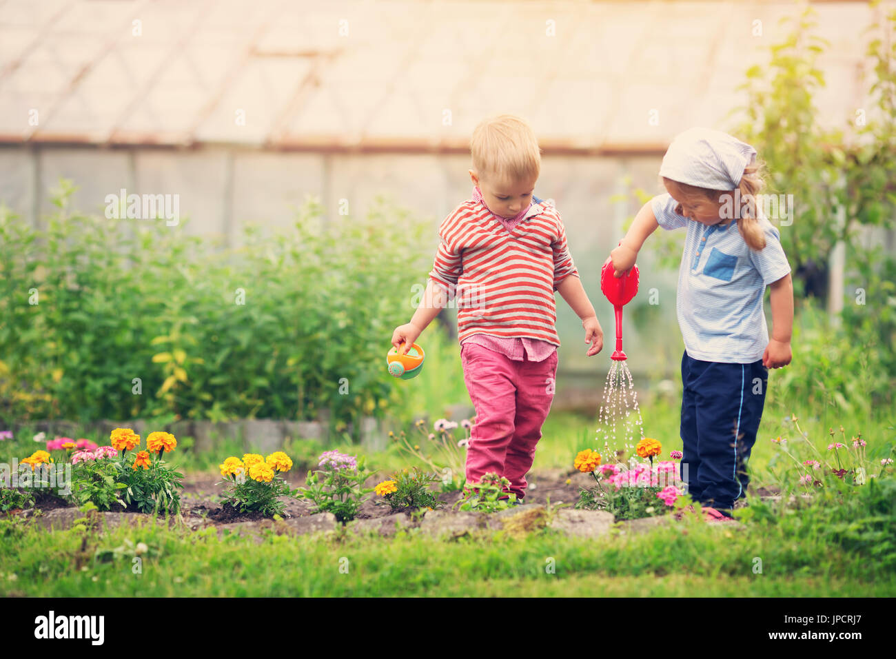 Boy and boy watering flowers in the garden Stock Photo - Alamy