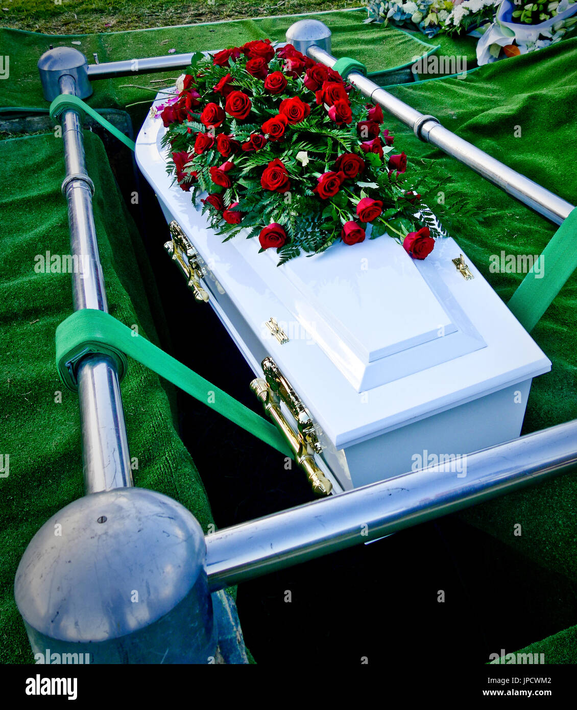 funeral casket or coffin inside the hearse or at church, chapel Stock