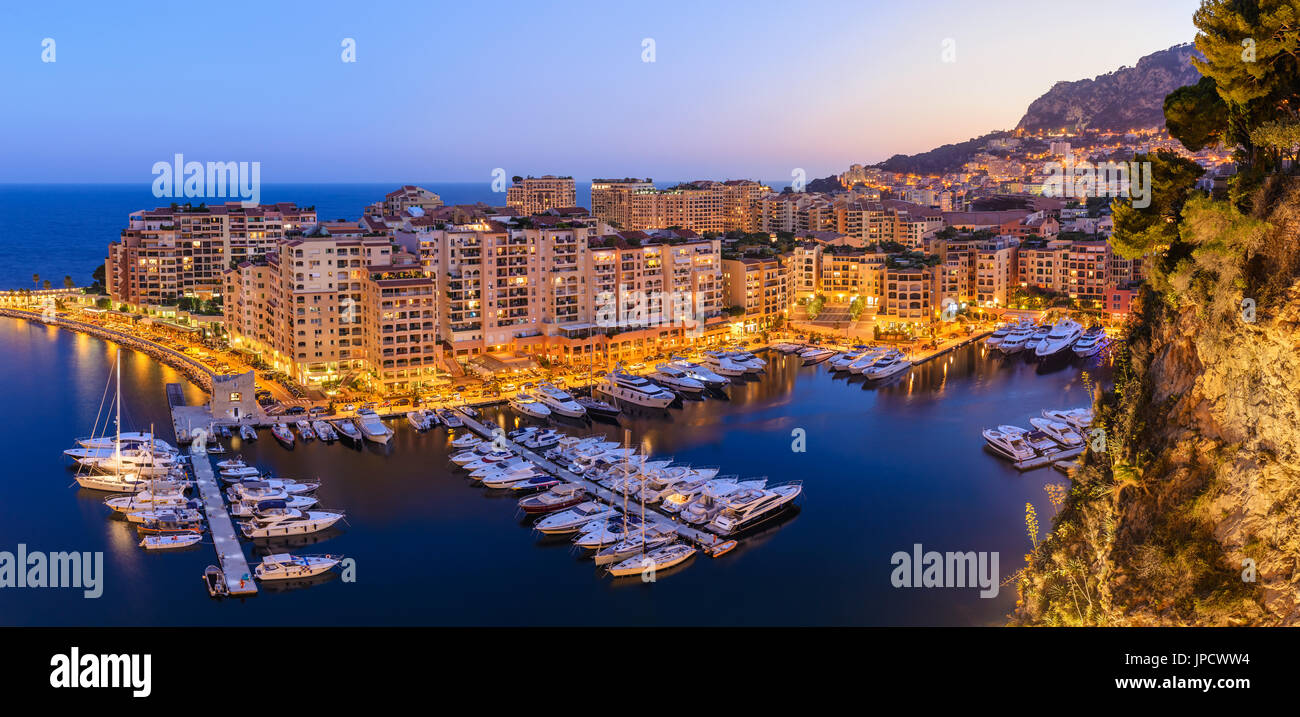 Monaco Ville Harbour night panorama city skyline, Monte Carlo, Monaco Stock Photo