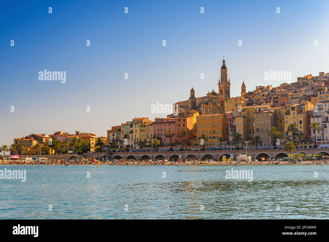 Menton beach and city skyline, Menton, France Stock Photo Alamy