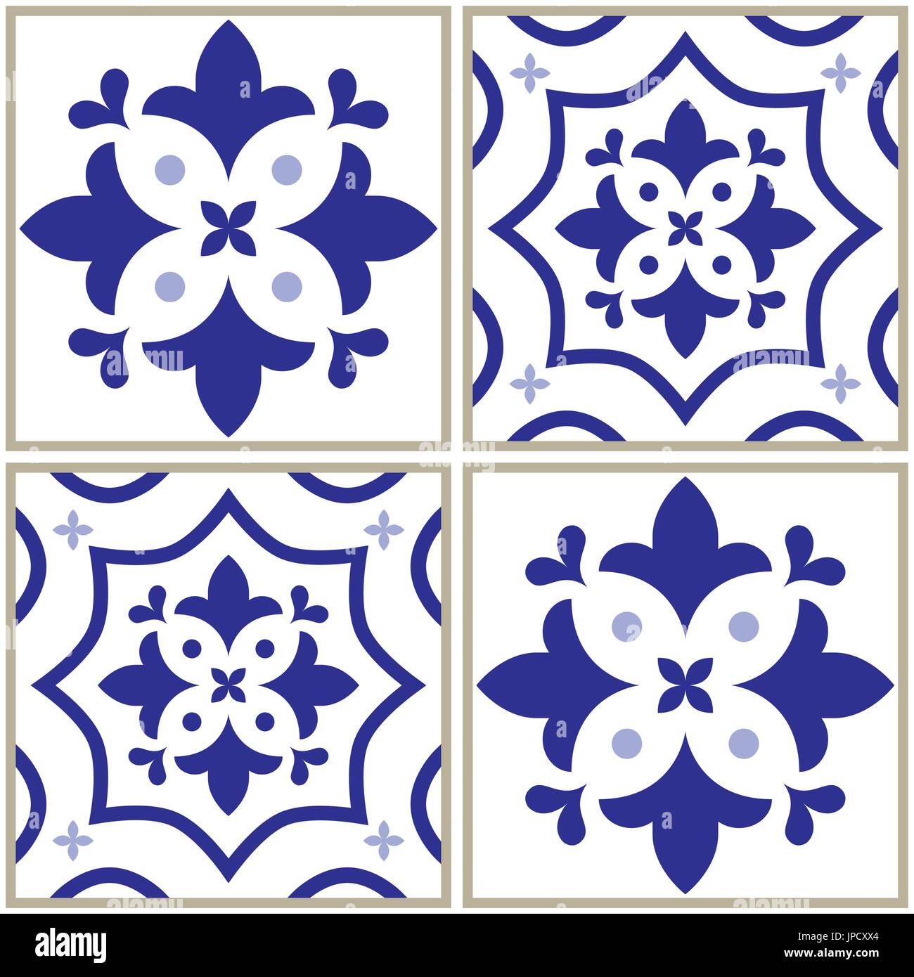 Tiles pattern, Spanish or Portuguese tile blue background, Geometric designs Stock Vector