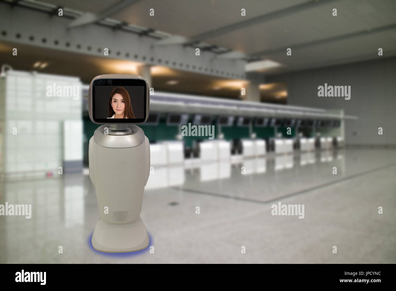 robotic advisor technology concept,airport use robotic advisor for help passenger and give information about the flight ,boarding pass, time and direc Stock Photo