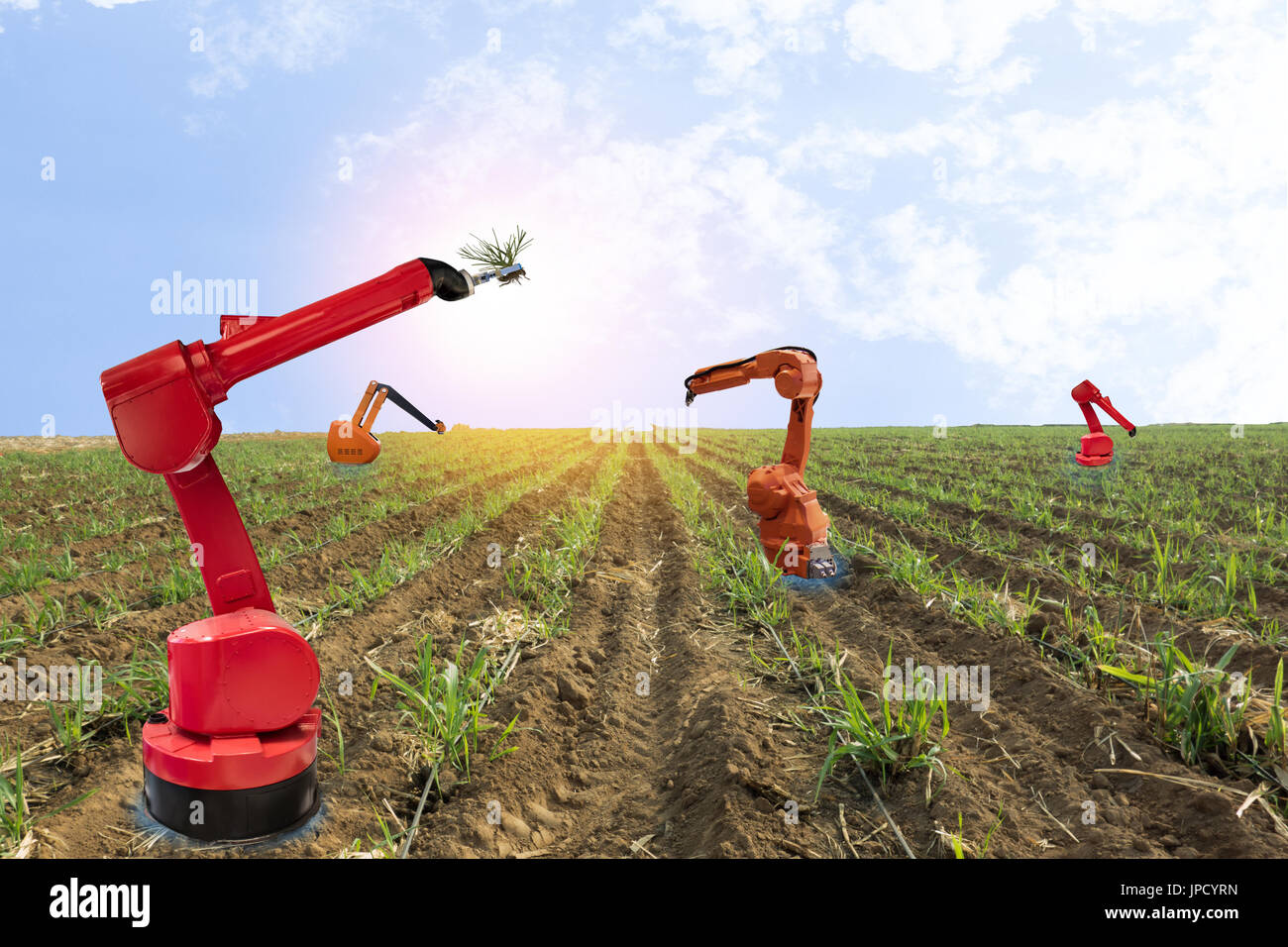 iot, internet of things, agriculture concepts, Farmer use smart farm robot assistant to work in the farm , to detect the weed ,spray the chemical use  Stock Photo