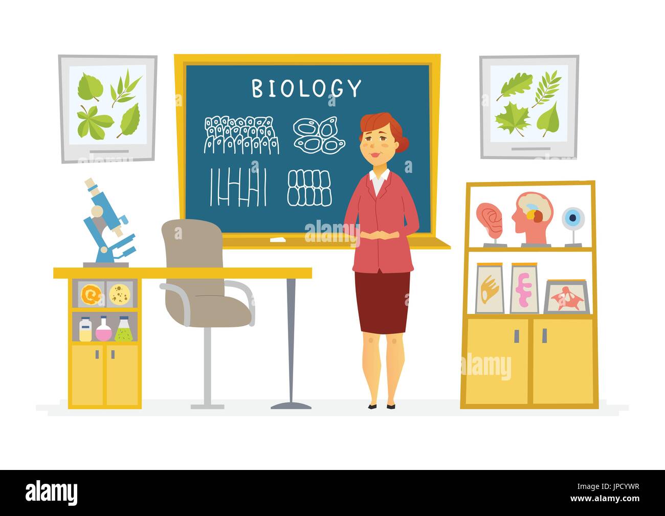 Biology Classroom female teacher composition at the blackboard Stock