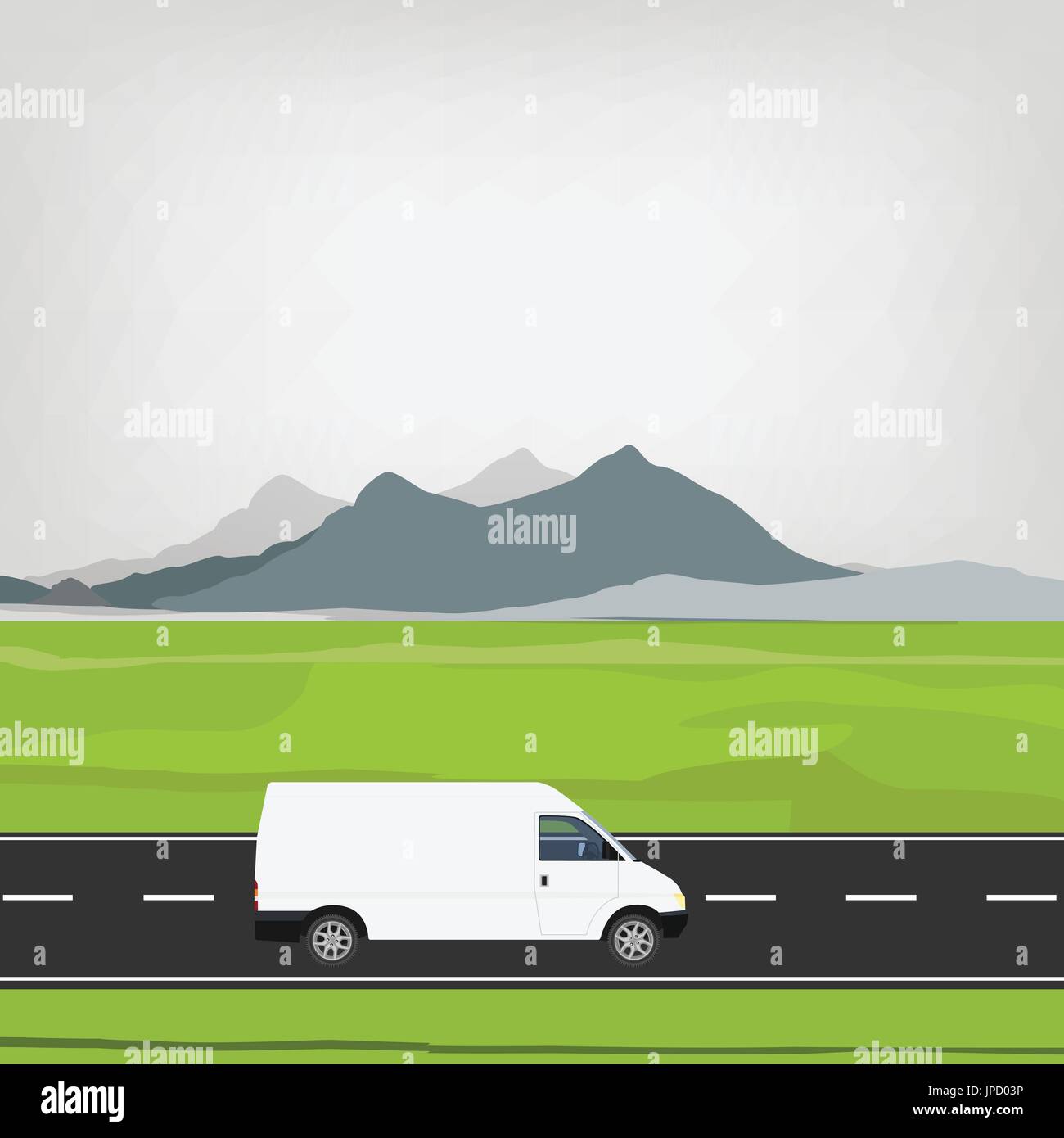 Vector illustration of white mini van driving on the road. Mountain ...