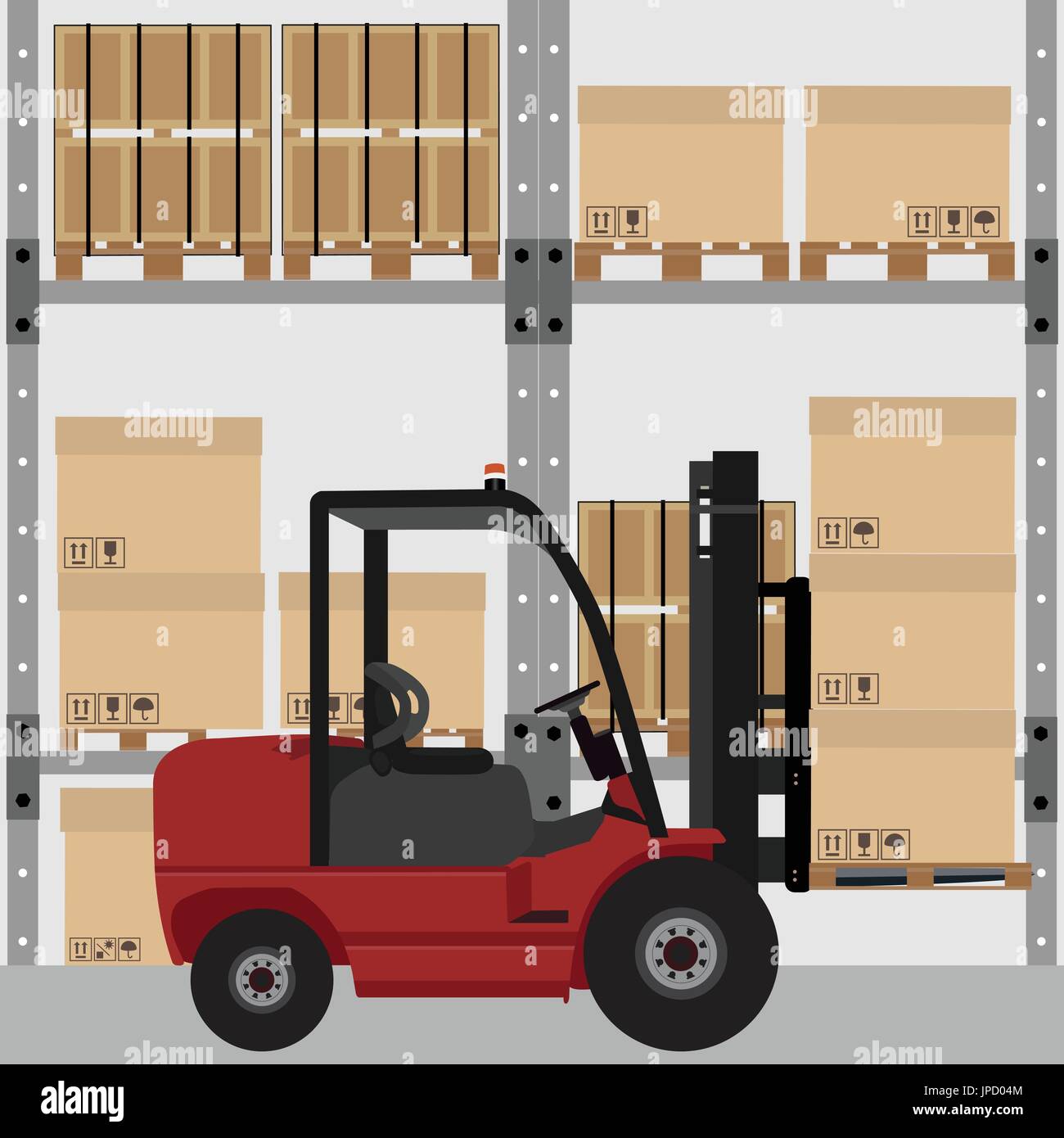Warehouse vector illustration. Car loader with carton boxes with shipping symbols. Storage design. Warehouse interior Stock Vector