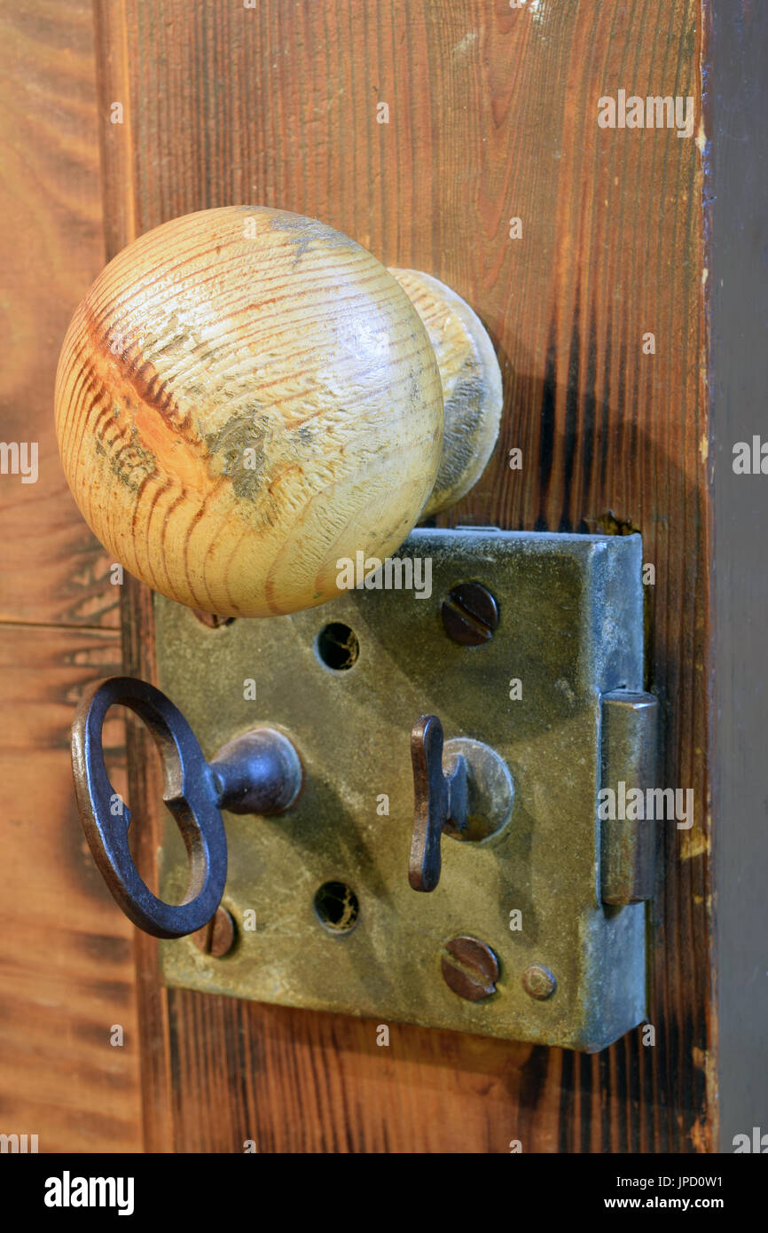 Close up of an old lock and wooden door knob Stock Photo - Alamy