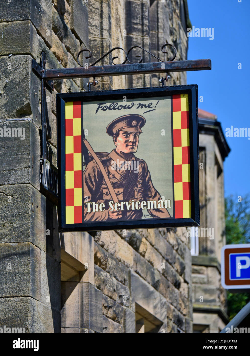 'Follow me!', signboard at the Ex-servicemen's Club. Northumberland Street, Alnmouth, Northumberland, England, United Kingdom, Europe. Stock Photo
