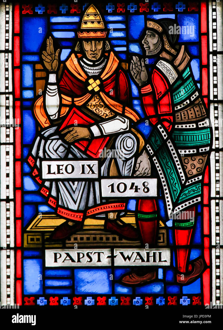 Stained Glass in Wormser Dom in Worms, Germany, depicting Pope Leo IX (1002  - 1054), saint and instigator of the Great Schism Stock Photo - Alamy
